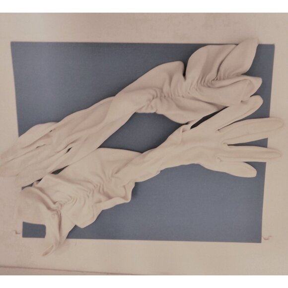 Vintage Ladies White Nylon Dress Gloves 7" Wrist 14" Long  Ruching Stretch - Picture 1 of 6